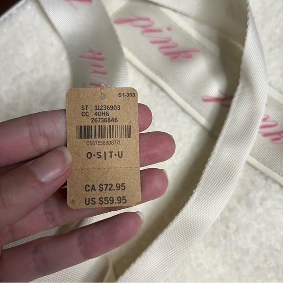 NWT PINK Victoria's Secret Sherpa Cream Tote Ribbon Straps Large Logo Cozy - Picture 10 of 12